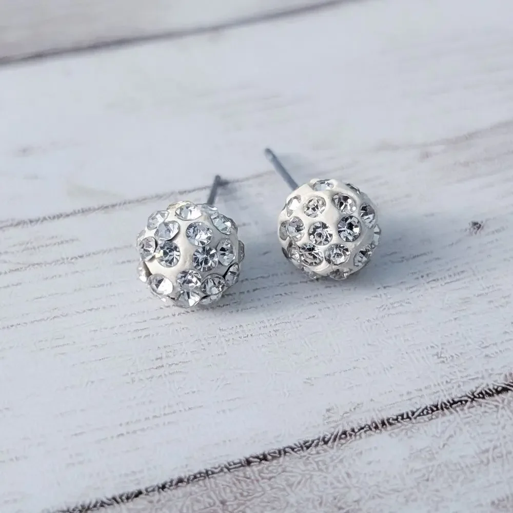 Stud Earrings - Cream & Clear Gem Ball Shape - Fair Condition